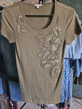 Vintage J Crew Beaded Olive Green Tee